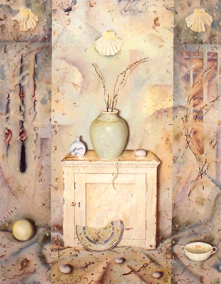 Cupboard vase and shells Dec 1991 Oil on paper on board 43x34ins