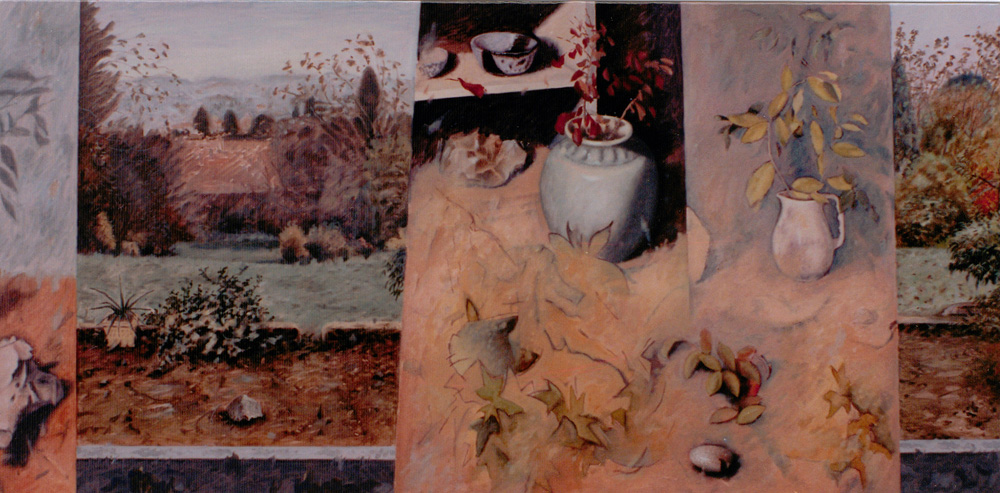 Pots and garden c1995-96 Oil on board 24 x 48 ins