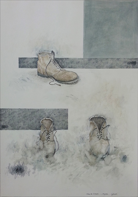 Elegy for Old Boots Mar-May 2016 58 x 81 cms Mixed media on paper